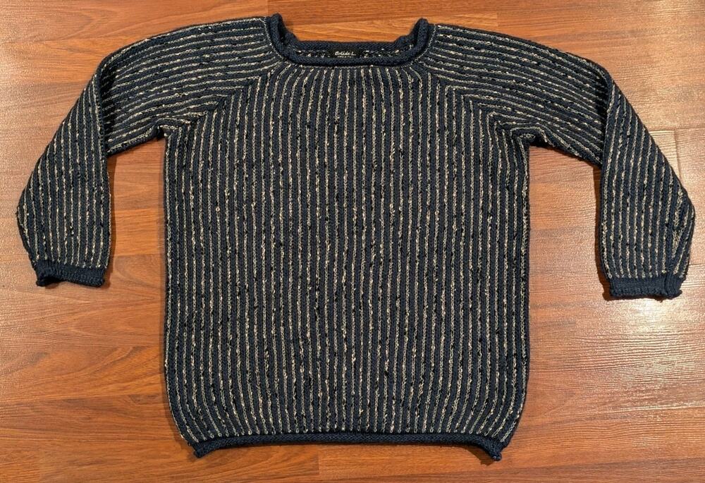 Bolide Womens M Sweater Made Italy Wool Mohair Acrylic Striped Knit Navy Beige